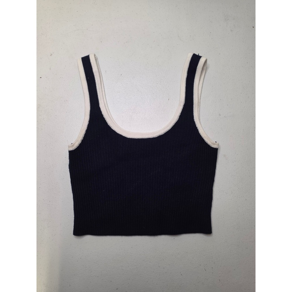 Mooloola Womens Navy Blue Contrast Trim Ribbed Knit Scoop Neck Crop Tank Top M